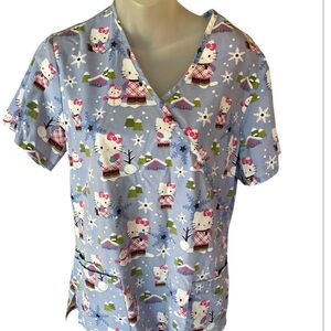 Nurse scrub top size small little Kitty snowflake themed smock